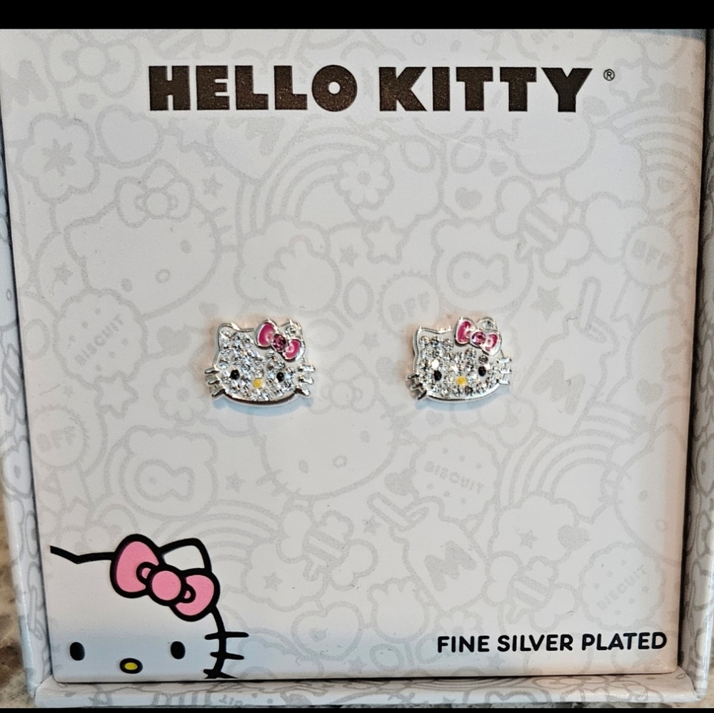 Hello Kitty Fine Silver Plated Earrings, Sparkly Rhinestones Pink Bow w Gift Box